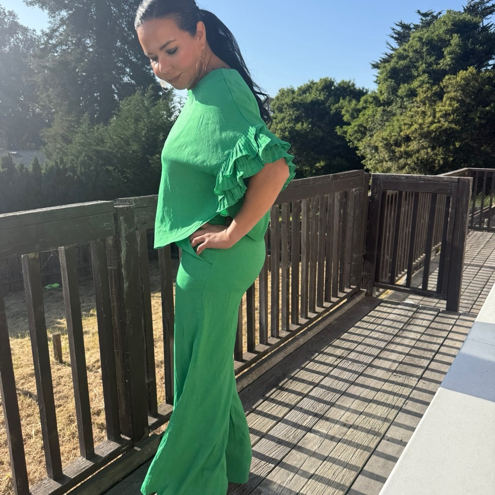 Green Ruffle Sleeve Top and Pants Set